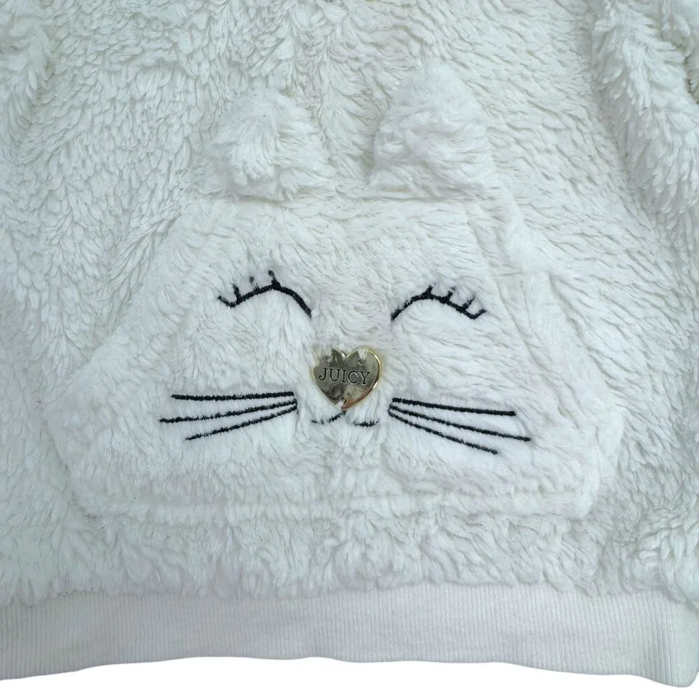 Juicy Couture White Faux Fur Hoodie Toddler Girl 2T Cat Face Kangaroo Pocket‎